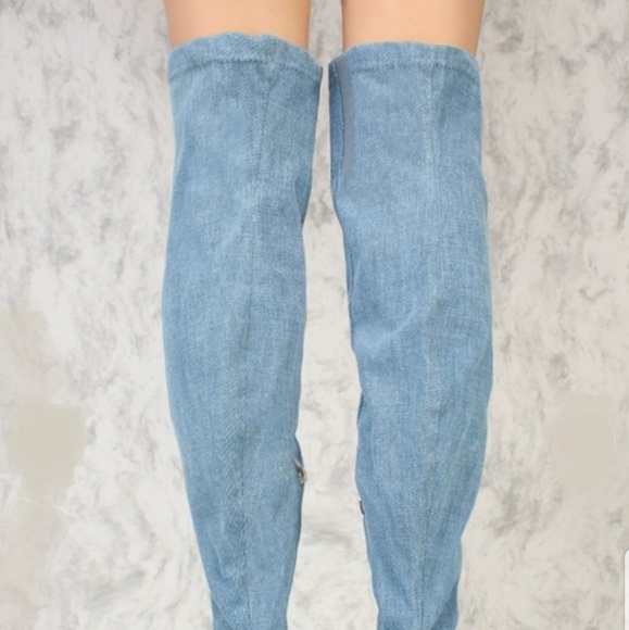 🆕️ DENIM DISTRESSED POINTY TOE THIGH HIGH BOOTS - Picture 7 of 8